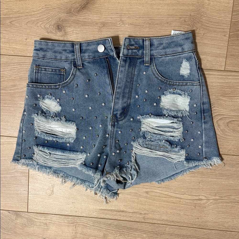 SHEIN Blue Studded Ripped Jean Shorts